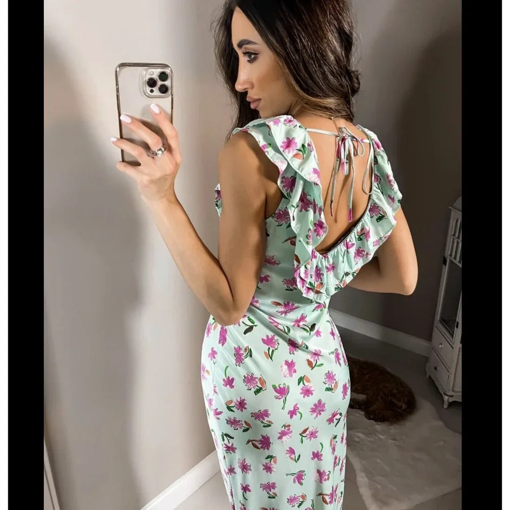 ZARA GREEN FLORAL PRINT SATIN MIDI DRESS WITH RUFFLE TRIMS SIZE S, NWT SS22 - Picture 4 of 10